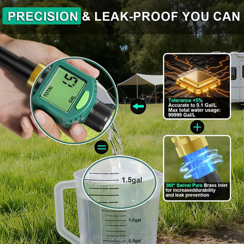 Water Flow Meter With 180 Degree Flip Screen For Outdoor Garden Hose RV And Irrigation, Brass Inlet, Waterproof LCD Display