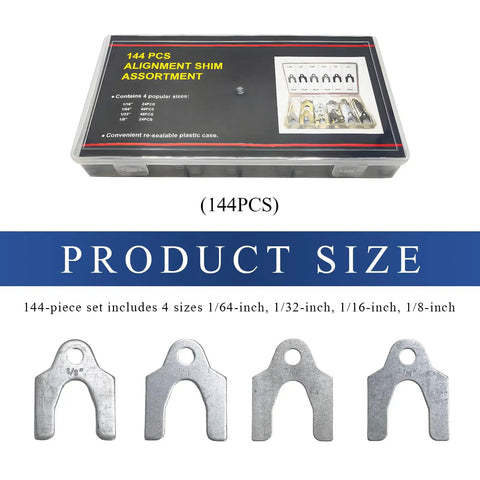 Image of 144 Piece Car Alignment Shim Kit For Body Panels And Camber Adjustment Zinc Plated Shims in 4 sizes.