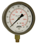 Winters 4-in glycerin-filled pressure gauge with brass internals, 304SS case, bottom 1/4 in NPT, dual 0-200 psi/0-1400 kPa