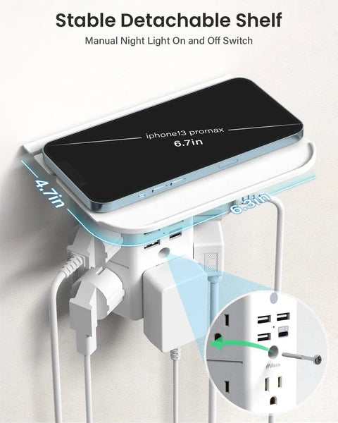 Wall Outlet Extender With Shelf And Night Light Surge Protector And Wall Mount Power Strip Featuring 5 AC Outlets 3 USB A