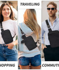 People wearing Sling Bag With RFID Blocking, Ultra Lightweight Travel Chest Pack in various settings like shopping, traveling, commuting.