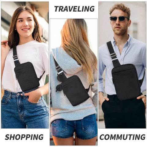 People wearing Sling Bag With RFID Blocking, Ultra Lightweight Travel Chest Pack in various settings like shopping, traveling, commuting.