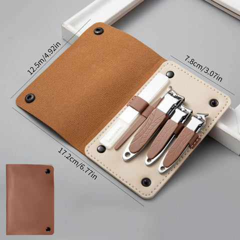 Five Piece Nail Clippers Set For Fingernails And Toenails Stainless Steel Manicure Pedicure Kit in brown leather case