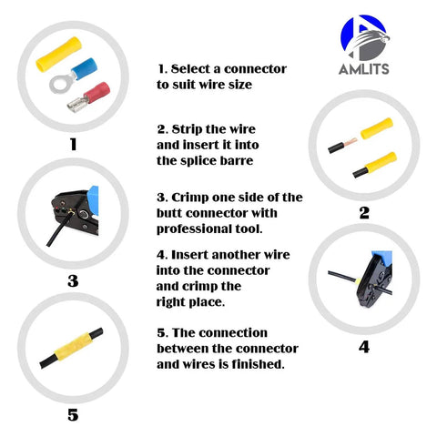 Instructions for using 300 Piece Insulated Wire Terminal Kit With Butt Ring Spade And Quick Disconnect Crimp Connectors, Color Coded Red Blue Yellow.