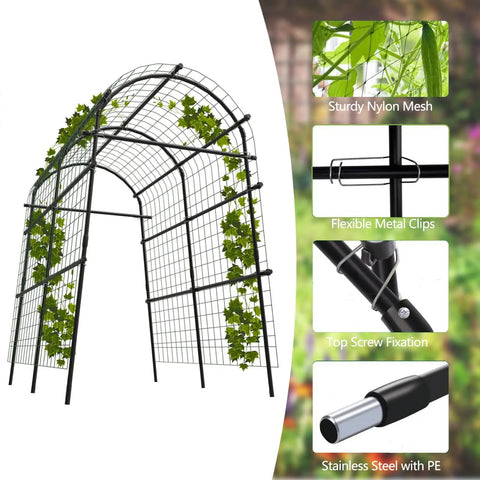 7.5 Foot Metal Garden Arch Trellis Arbor With Netting for Climbing Plants, showing nylon mesh, metal clips, screw fixation, steel material.