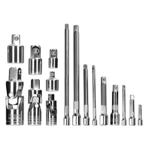 Top Notch 16 Piece Chrome Vanadium Socket Adapter Kit With Tough Extension Rods And Universal Joints For Pro Auto Shops And Home Garage Projects That Get The Job Done Super Fast, 16-piece chrome vanadium socket adapters and extension rods