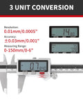 6 Inch Stainless Steel Digital Caliper With IP54 Splash Proof Protection showing unit conversion options and large LCD display.