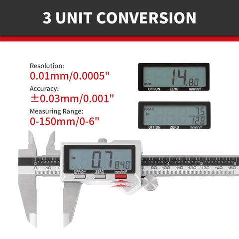 6 Inch Stainless Steel Digital Caliper With IP54 Splash Proof Protection showing unit conversion options and large LCD display.