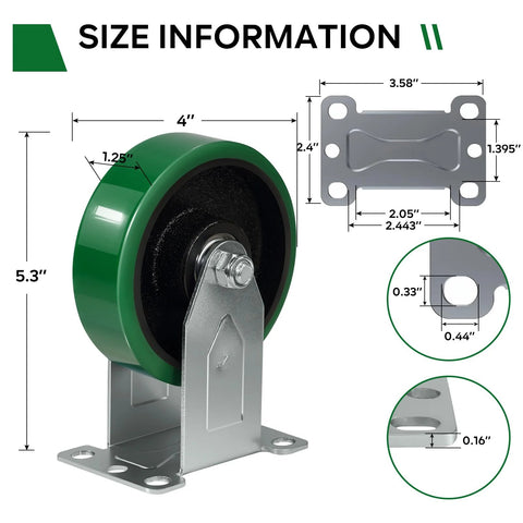 Front view: 4-pack 4-inch polyurethane-on-cast-iron swivel caster wheels with mounting plate; 2 brake, 2 rigid.