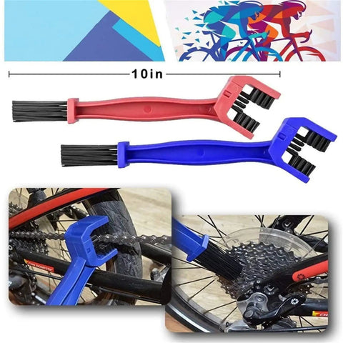 All-In-One 9-Piece Bike Cleaning Kit With Chain Scrubber shown with blue and red brushes for mountain and road bikes