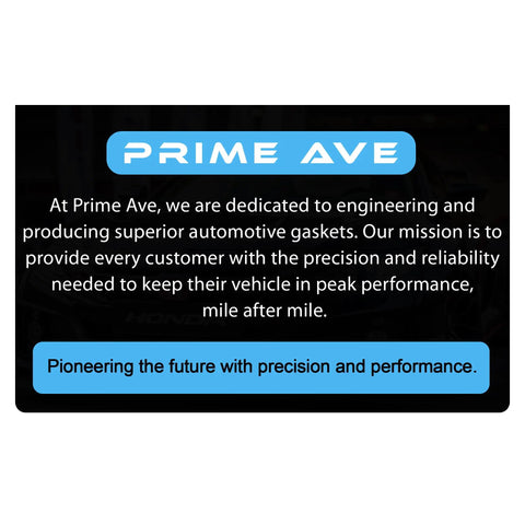 Prime Ave dedication to precision automotive gaskets with mission statement and slogan.