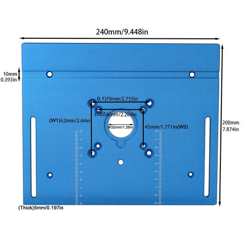 Rock Solid Aluminum Router Table Insert Plate Featuring Hella Precision Flip Mount, 9.4X7.9 inch, blue anodized finish with scale markings.