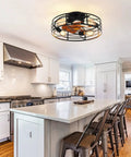 Caged Ceiling Fan With Light 20 Inch Low Profile Flush Mount Industrial Vibe installed in a bright modern kitchen