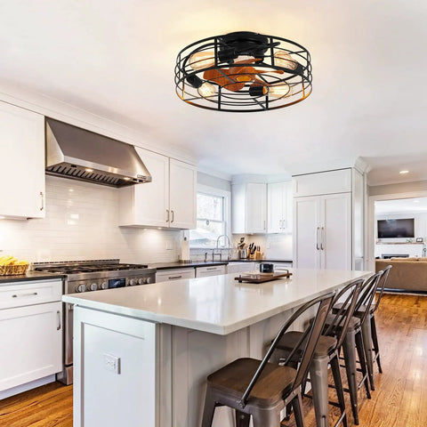 Caged Ceiling Fan With Light 20 Inch Low Profile Flush Mount Industrial Vibe installed in a bright modern kitchen