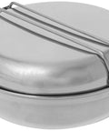 Grab And Go Camping Mess Kit With Nesting Pots And Fry Pan Set, compact clamshell case with steel cookware, folded handle visible