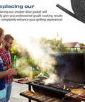 Smoker grill outdoors; two men with beer near sauces, cooking amid rising smoke