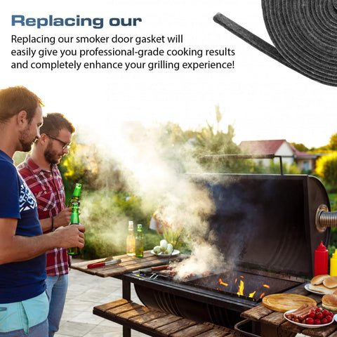 Smoker grill outdoors; two men with beer near sauces, cooking amid rising smoke