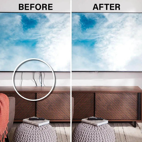 Before and after using In Wall Power And Cable Management Kit With Recessed Power Bridge For Wall Mounted TVs 12 Foot Reach Cable Organizer Box White Finish Keeps Wires Hidden For A Clean Sleek No Mess TV Setup, showing hidden wires.