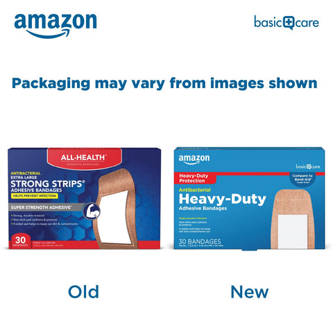 Comparison of old and new packaging for Heavy Duty Fabric Adhesive Bandages with Super Strong Adhesion and Cushioned Nonstick Pad.