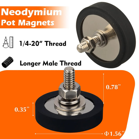 Front view of MUTUACTOR 2-pack neodymium pot magnets with 1/4-20 threaded stud and rubber cover; for cameras/lighting.
