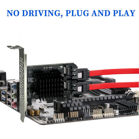 PCIe X1 To SATA 3.0 Expansion Card, 2 Port High Speed Controller, Hot Swappable, Supports 2.5 And 3.5 Inch SSD Or HDD, Works With Windows Mac Linux And Beyond, installed on motherboard with red SATA cables