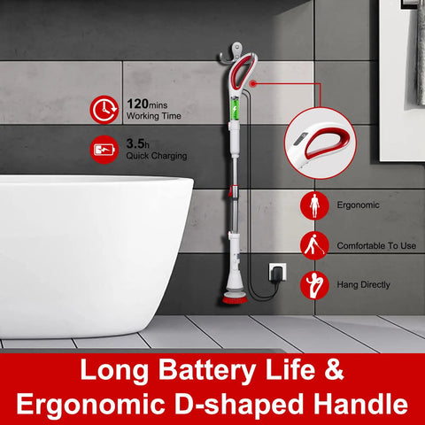 Cordless Electric Spin Scrubber With 6 Replaceable Brush Heads And Adjustable Extension Handle displayed beside a bathtub
