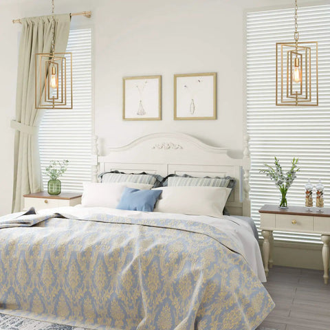 Gold Pendant Light Chandelier For Kitchen Island With Adjustable Framework And Rotatable Geometric Shade Brushed Gold Finish Open Sides For Airy Look Own The Wow Factor With This Modern Statement Piece For Any Kitchen above elegant bedroom setting.