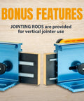 Pro Grade Deluxe Router Table Fence Kit showing jointing rods for vertical jointer, blue metal construction with bonus features text.