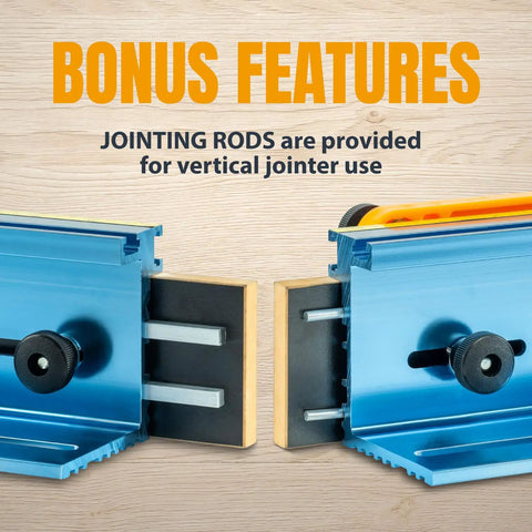 Pro Grade Deluxe Router Table Fence Kit showing jointing rods for vertical jointer, blue metal construction with bonus features text.