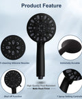 Features of 10 Inch Rainfall Shower Head And Handheld Combo with matte black finish and 7 spray patterns, showcasing nozzle details