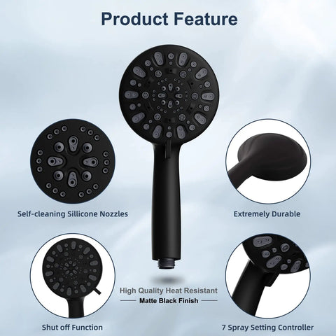 Features of 10 Inch Rainfall Shower Head And Handheld Combo with matte black finish and 7 spray patterns, showcasing nozzle details