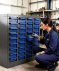 Person accessing a 40 Drawer Parts Cabinet With 200 Dividers And 80 Label Slots For Easy Organization Of Bolts Nuts And Small Tools, Heavy Duty Alloy Steel Frame With ABS Drawers, Bolt And Nut Storage Organizer For Workshop Garage And Office in a workshop.