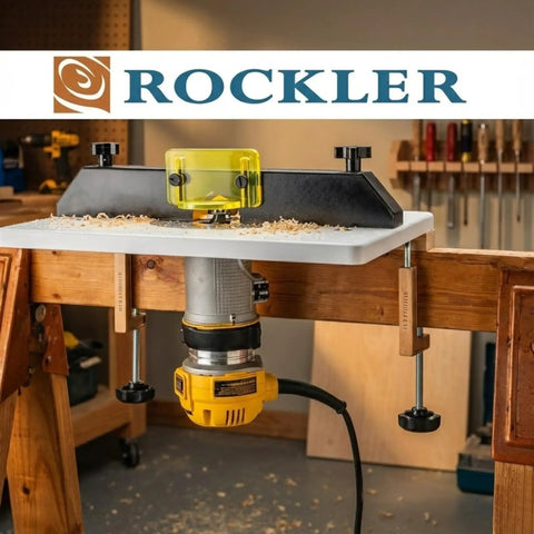 Pro Grade Adjustable Trim Router Table For Woodworking, high visibility bit guard, mounted on a workbench, in workshop