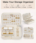 Travel Jewelry Case For Women On The Go Double Layer PU Leather Jewelry Organizer With Ring Holders And 3 Detachable Dividers Beige