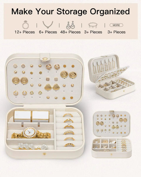Travel Jewelry Case For Women On The Go Double Layer PU Leather Jewelry Organizer With Ring Holders And 3 Detachable Dividers Beige