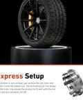 Level Up Your Ride With Premium Silver 4 Pcs Wheel Center Caps Universal Fit For Trucks And Suvs Snap In Rim Hub Covers Abs Build Installation For A Clean Car Setup, showcasing a black wheel with yellow details.