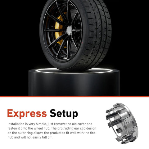 Level Up Your Ride With Premium Silver 4 Pcs Wheel Center Caps Universal Fit For Trucks And Suvs Snap In Rim Hub Covers Abs Build Installation For A Clean Car Setup, showcasing a black wheel with yellow details.