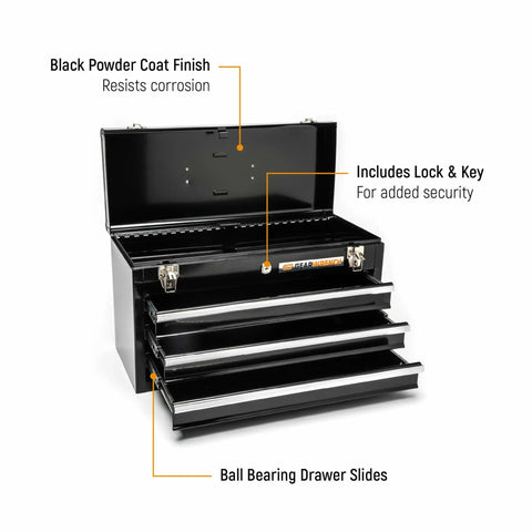 Three Drawer Steel Toolbox With Keyed Center Lock Black Powder Coat That Resists Rust 20 Inch Tool Box With Ball Bearing Slides open