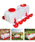 Backyard Boss Automatic Chicken Waterer Featuring Ten Heavy Duty Cups Plus A 9.6 Gallon Self Filling Reservoir in use with chickens.