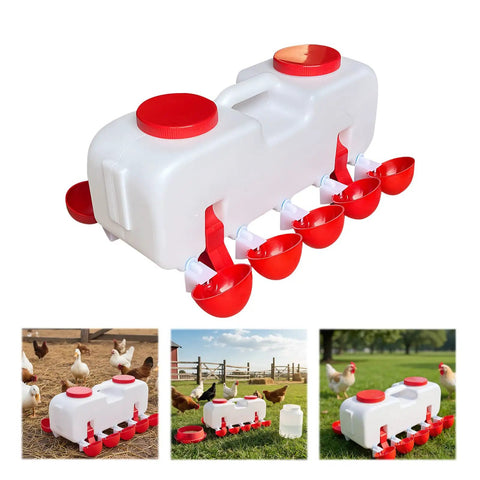 Backyard Boss Automatic Chicken Waterer Featuring Ten Heavy Duty Cups Plus A 9.6 Gallon Self Filling Reservoir in use with chickens.