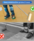 Worker using upgraded self leveling cement tool kit with roller and shoes for garage flooring