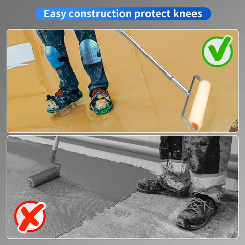 Worker using upgraded self leveling cement tool kit with roller and shoes for garage flooring