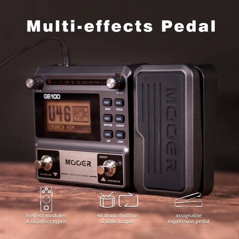 Side view of GE100 Multi Effects Guitar Pedal With 80 Presets And 66 Effects Built In Looper on wooden surface.