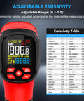 Pro Grade Infrared Thermometer Gun Non Contact Laser Temperature Reader with Color LCD Display showing adjustable emissivity table.