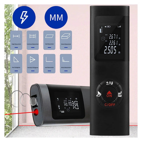Handheld Infrared Rangefinder Distance Meter For Quick Length, Area, And Volume Measurements - Pythagorean Triangle Calculations, Rechargeable, Pro-Grade Compact 100x30mm, 2mm Accuracy, Ideal For Builders And DIYers, black