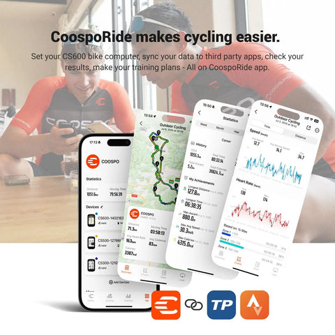 Color Touchscreen GPS Bike Computer CS600 app interface on smartphone with cycling data and route map.