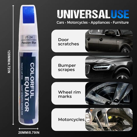 Scratch Repair Pen For Cars 2 Pack, Easy DIY Car Paint Repair Kit shown in blue color with details on universal use for scratches.