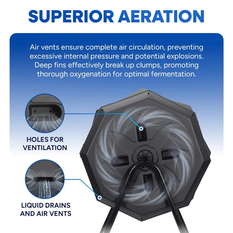Close-up of Dual Chamber 43 Gallon Compost Tumbler Bin, highlighting air vents for superior aeration and clump breaking.