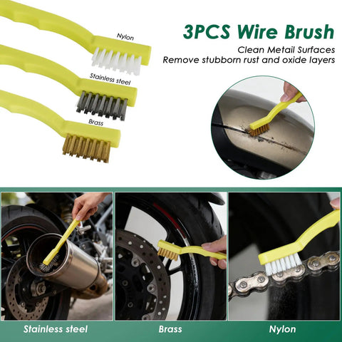 9 Piece Motorcycle Cleaning Kit All-In-One Dope Pro Grade Detailing Bundle with nylon, stainless steel, brass brushes