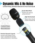 Wireless Microphone System Dual Metal Cordless Mics For Karaoke DJ Wedding Church And Party Huge 500ft Range Auto Scan Anti Interference Handheld Dynamic Mics For Sharp Clear Sound showing dynamic mic features